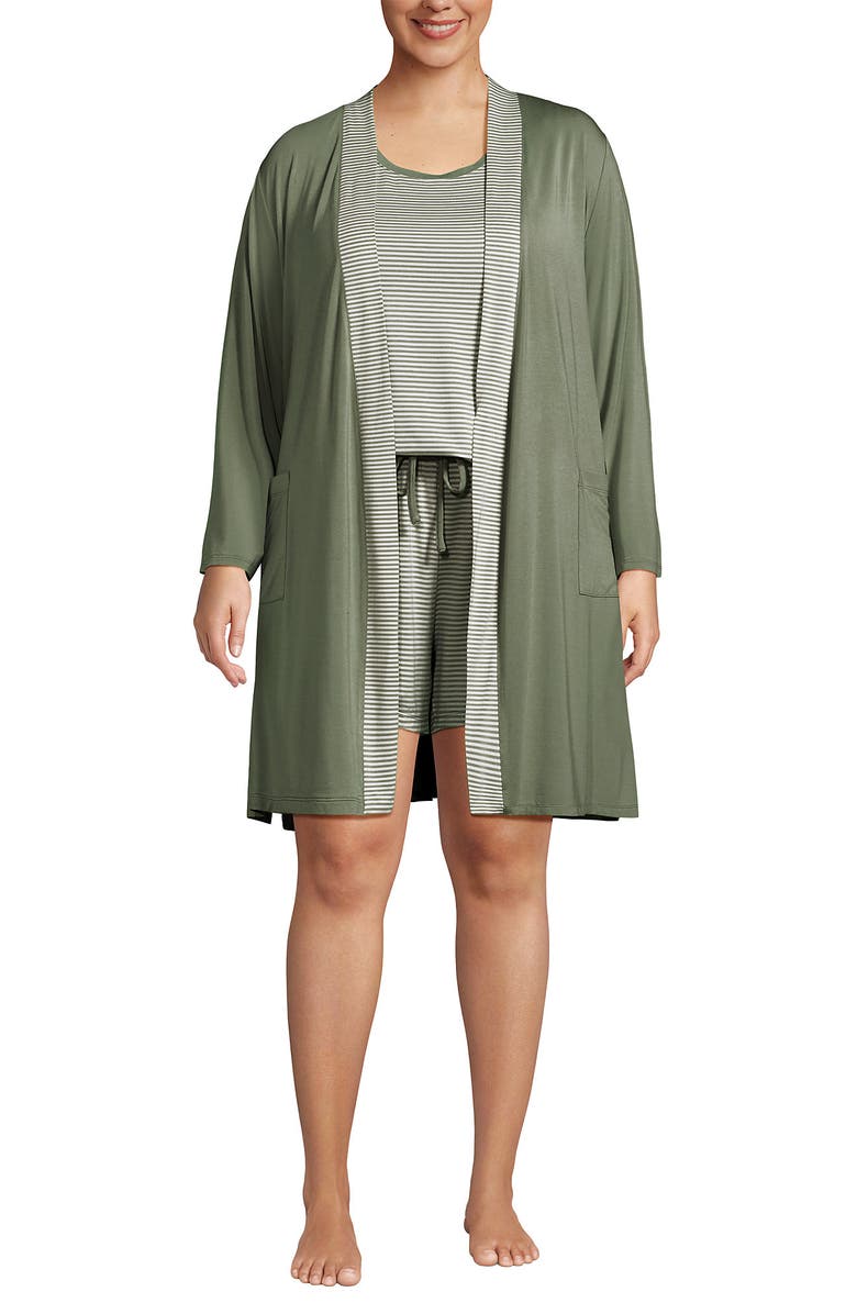 Lands' End Cooling 3 Piece Pajama Set - Robe Tank and Shorts, Alternate, color, Sage Mini Stripe