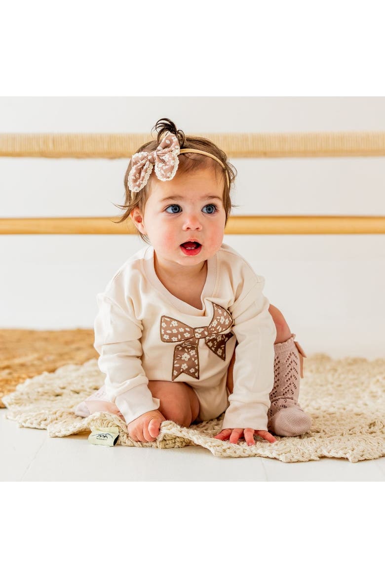 Mocha Floral Bow Patch Long Sleeve Romper, Alternate, color, Natural Heather