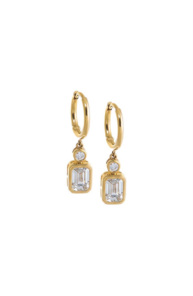 BY ADINA EDEN Lab Grown Diamond Solitaire X Emerald Bezel Drop Huggie Earring 14K, Main, color,