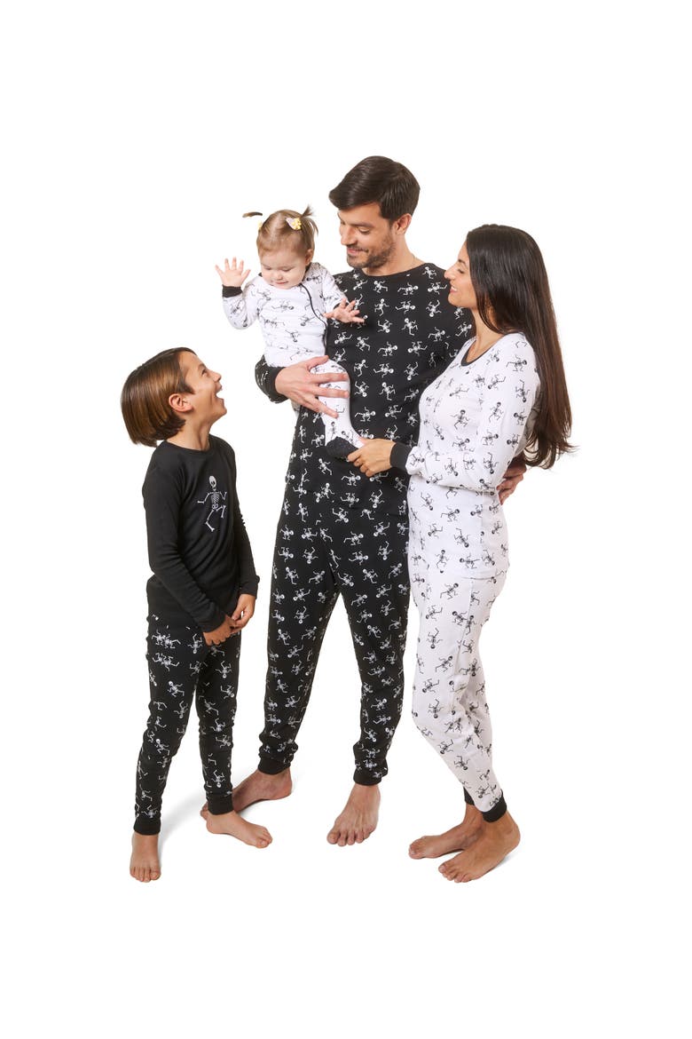 Kids Footed Cotton Halloween Matching Family Pajamas, Fun Prints, Alternate, color, Black Skeleton
