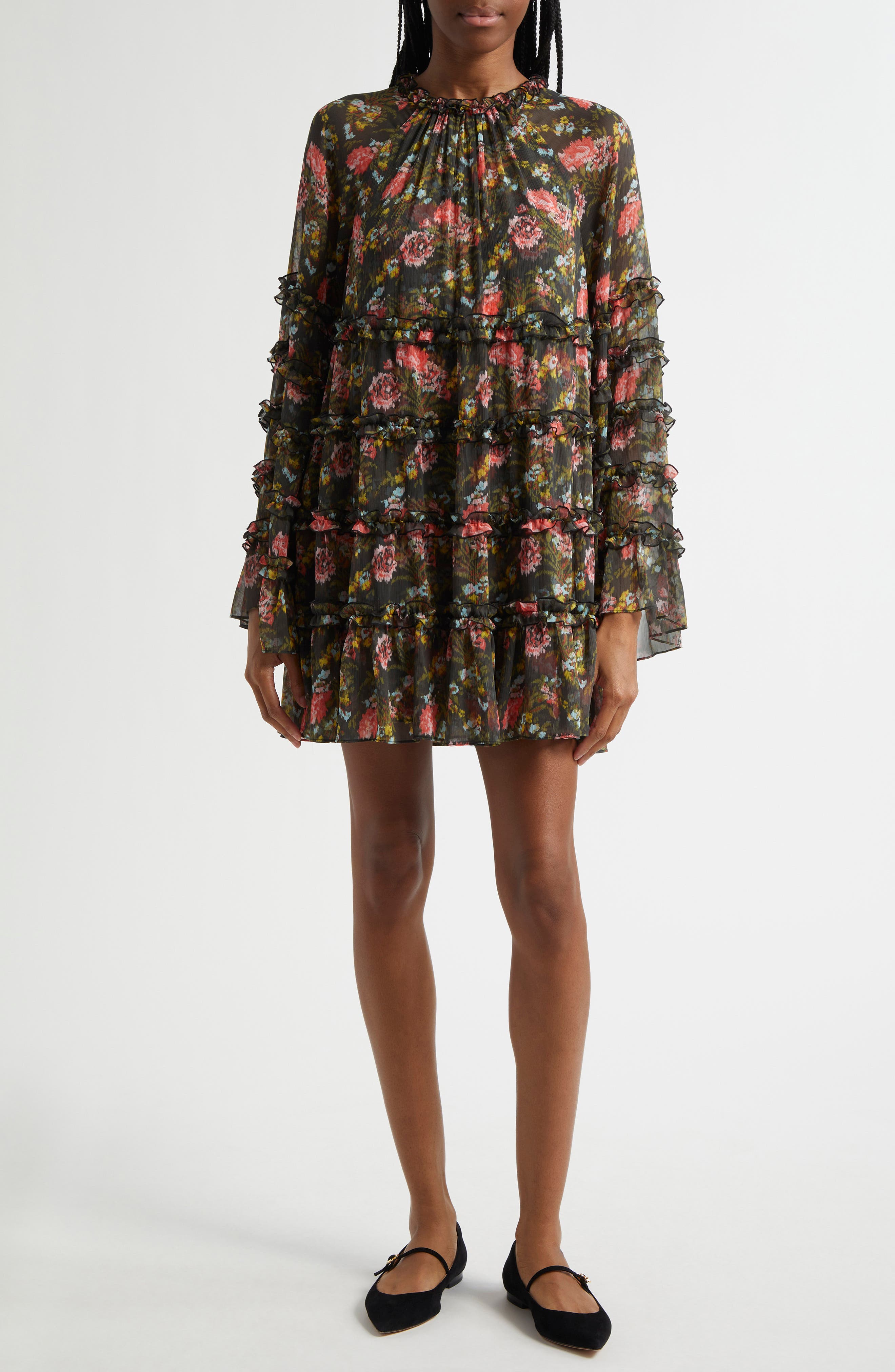 Cinq à Sept Sunniva Impressionist Floral Long Sleeve Tiered Shift Dress