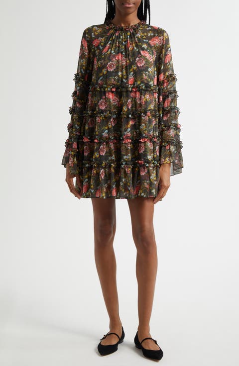 Sunniva Impressionist Floral Long Sleeve Tiered Shift Dress