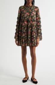 Cinq à Sept Sunniva Impressionist Floral Long Sleeve Tiered Shift Dress