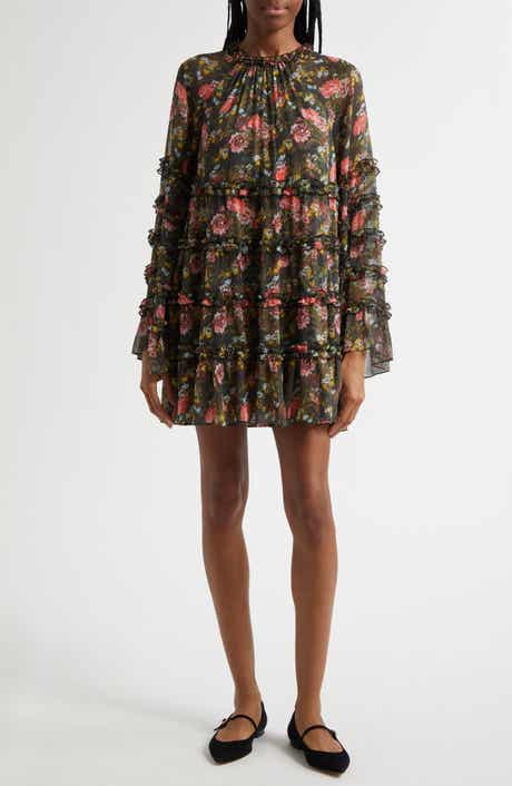 Cinq à Sept Sunniva Impressionist Floral Long Sleeve Tiered Shift Dress