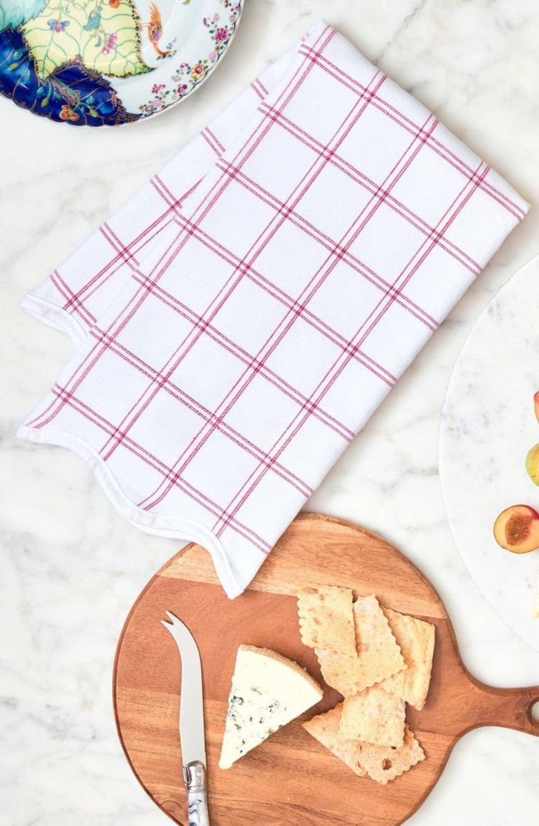 WEEZIE Set of 2 Scalloped Kitchen Towels, Alternate, color, Red Windowpane