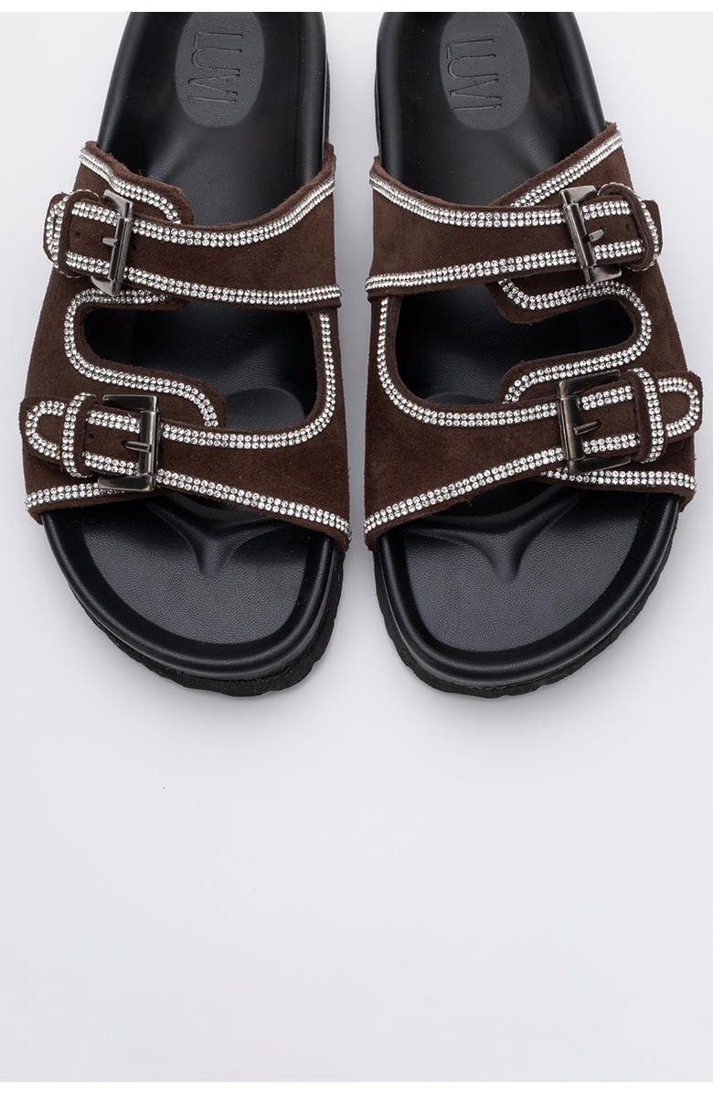 Forever & Always Shoes Allen Rhinestone Leather Slide Sandal, Alternate, color, Brown Suede Leather