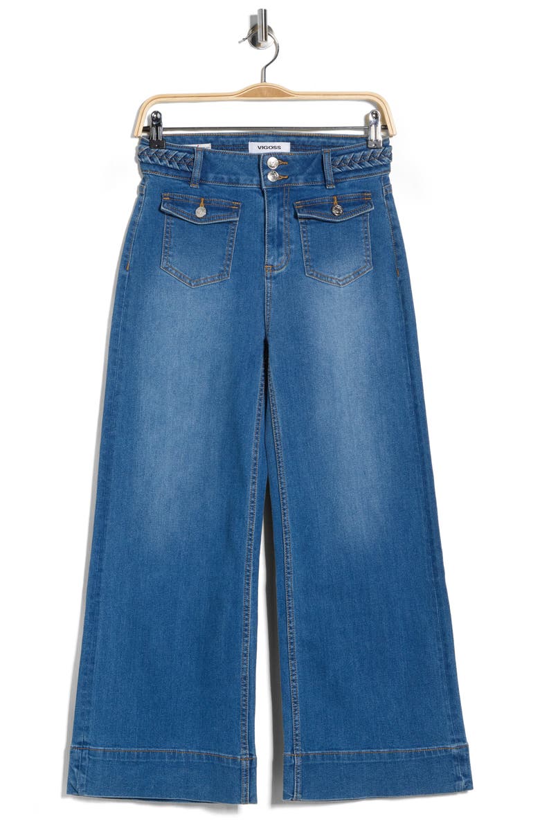 Vigoss Dylan Braided Waist Ankle Wide Leg Jeans, Main, color, Med Wash