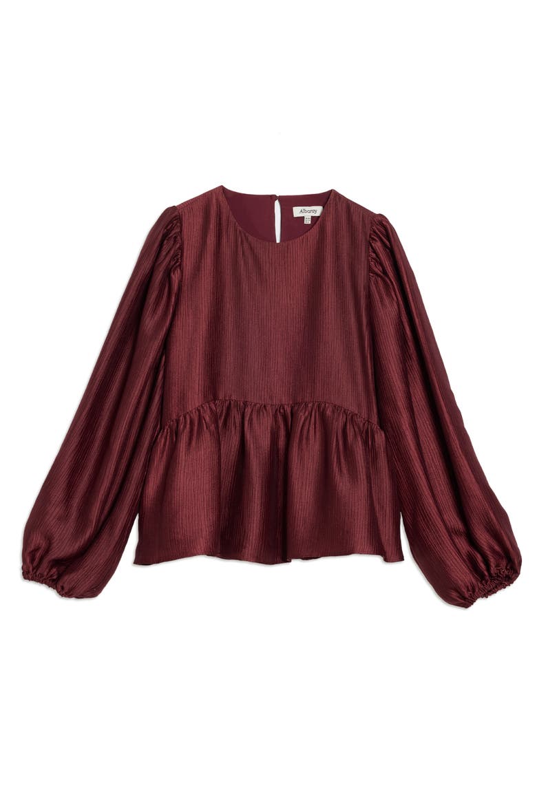Crinkle Long Sleeve Satin Top, Alternate, color, Burgundy