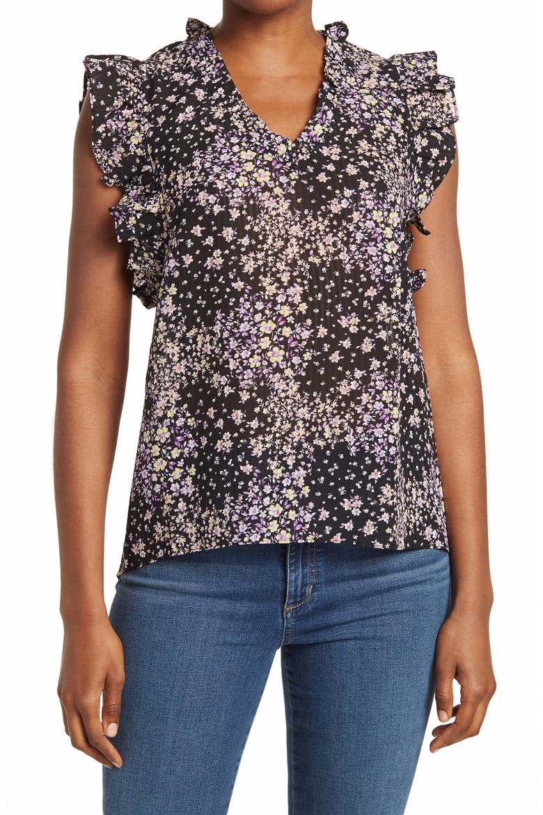 Ruffle Trim V-Neck Blouse, Main, color, BLACK LILAC YELLOW FLORAL