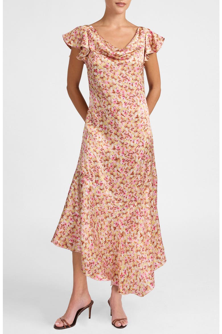 Laurel Cap Sleeve Midi Dress in Floral Silk Blend, Alternate, color, Candy Pink