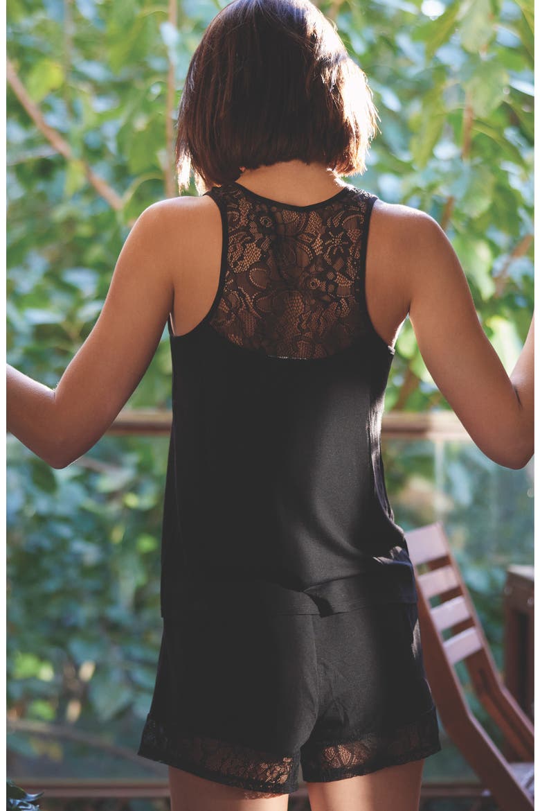 FLORA NIKROOZ Frances Lace Trim Tank & Shorts 2-Piece Pajama Set, Alternate, color, BLACK
