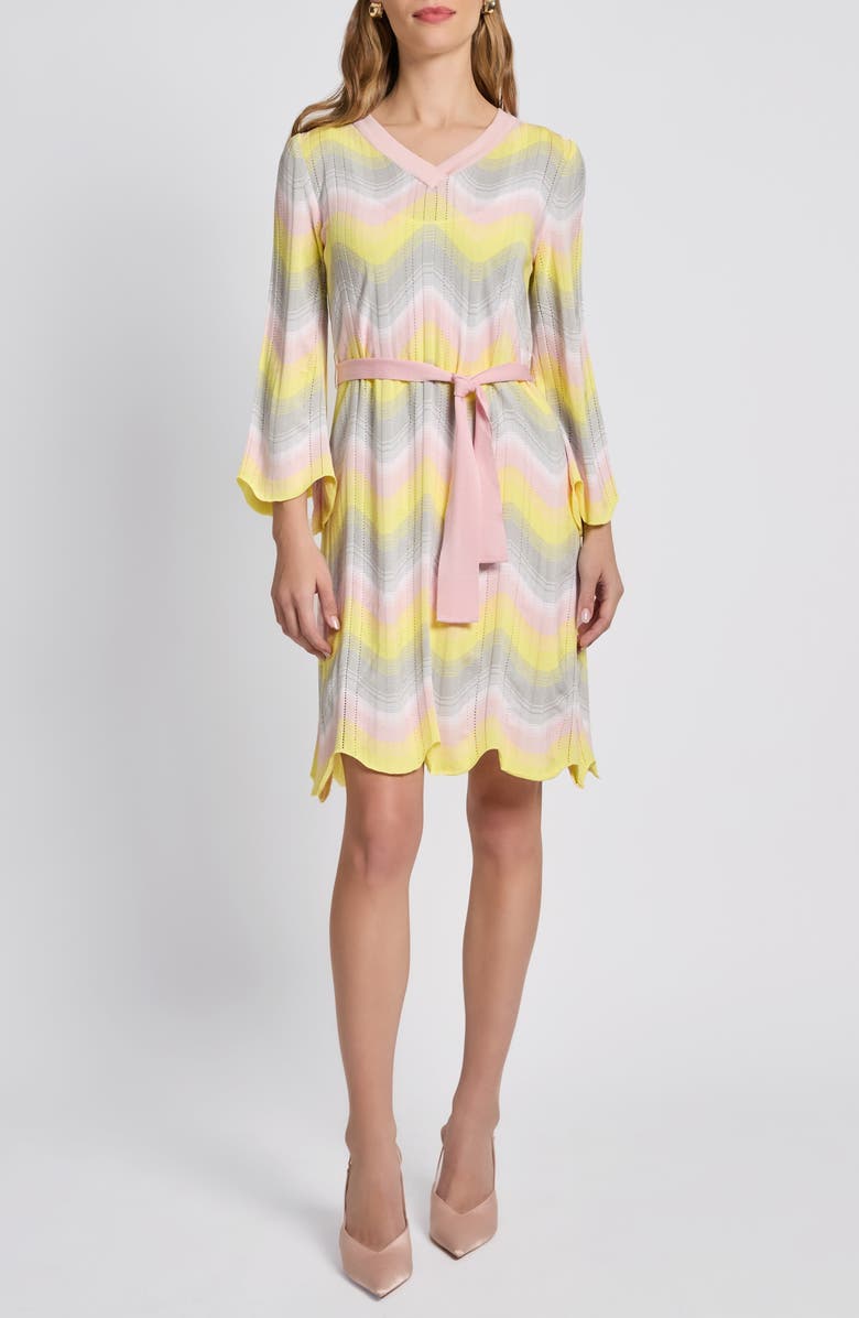 Ming Wang Chevron Pointelle Tie Waist Long Sleeve Dress, Main, color, 