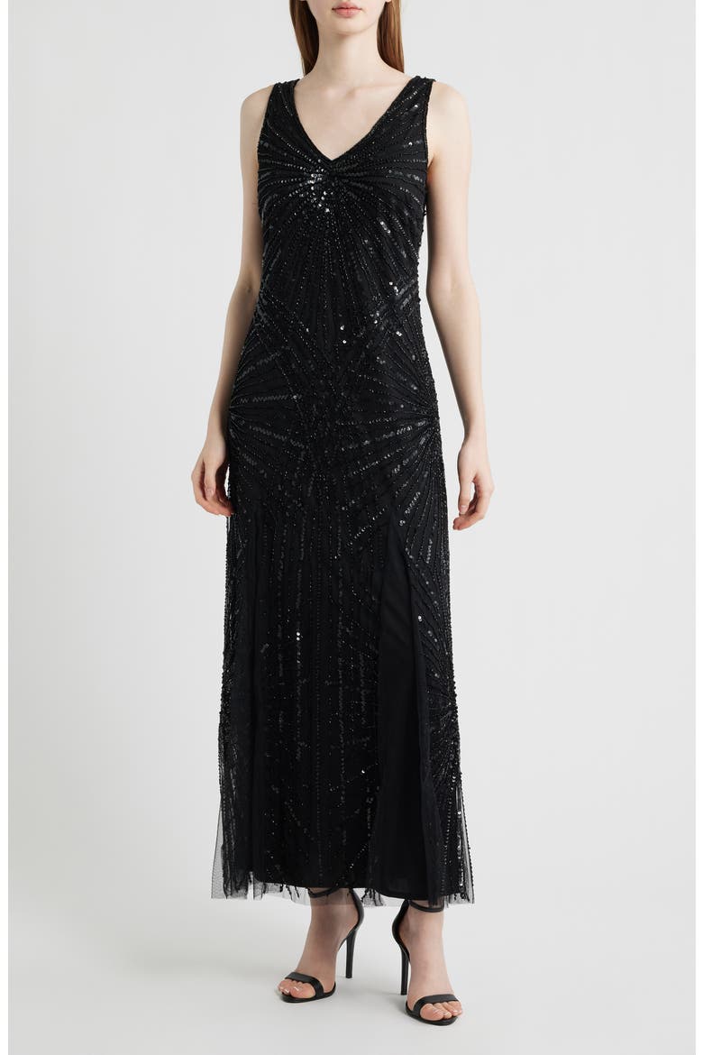 Beaded Sleeveless Tulle Gown, Main, color, BLACK 001