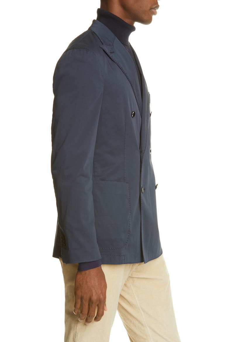 Trim Fit Double Breasted Solid Stretch Cotton Sport Coat, Alternate, color, NAVY