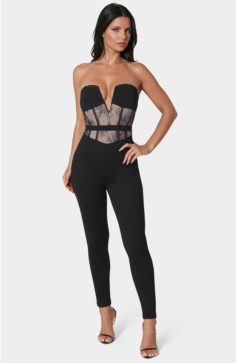 bebe Lace Corset Catsuit, Main, color, Black