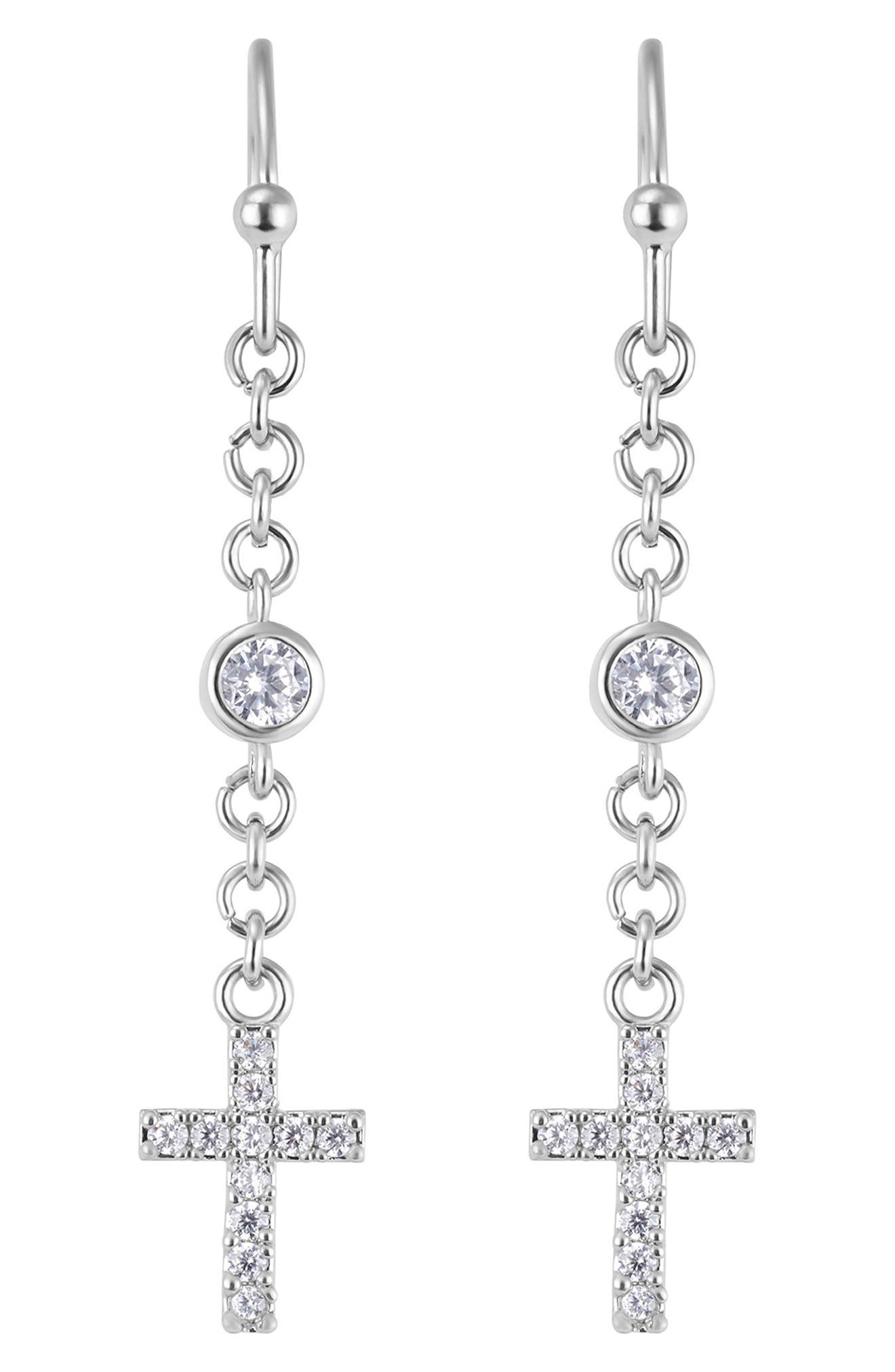Cubic Zirconia & Cross Charm Drop Earrings