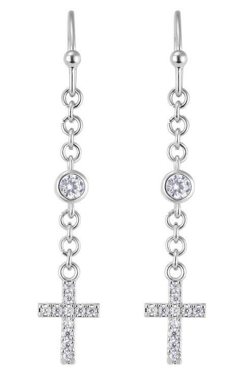Cubic Zirconia & Cross Charm Drop Earrings