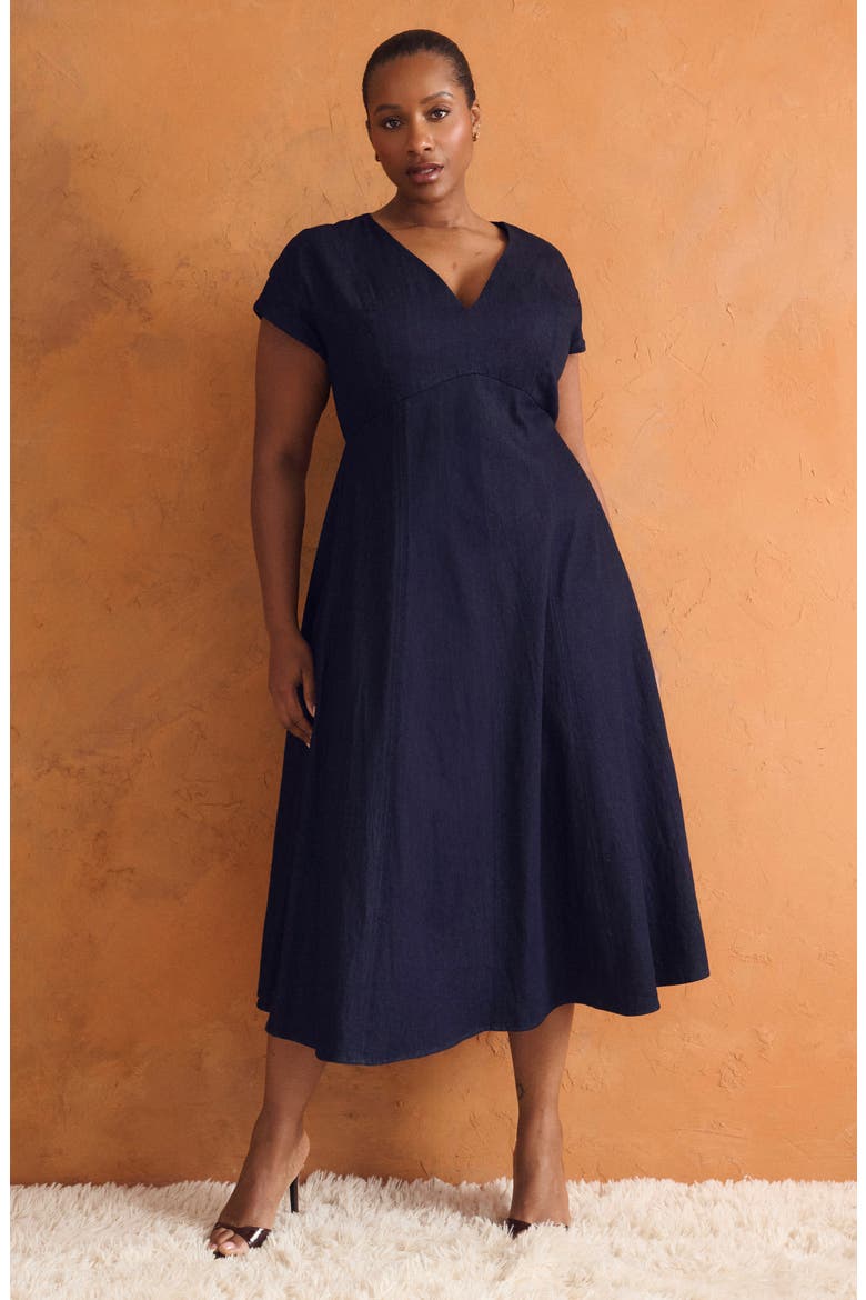 Abbie Fit & Flare Cotton Midi Dress, Alternate, color, INDIGO NOIR