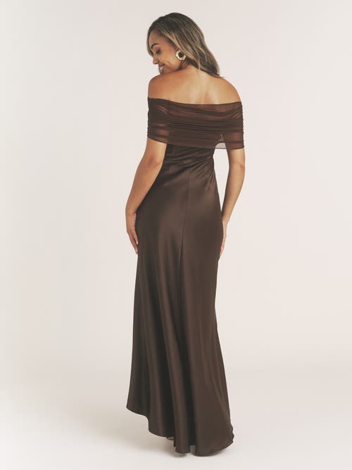 Six Stories Bardot Detail Satin Midaxi Dress In Brown