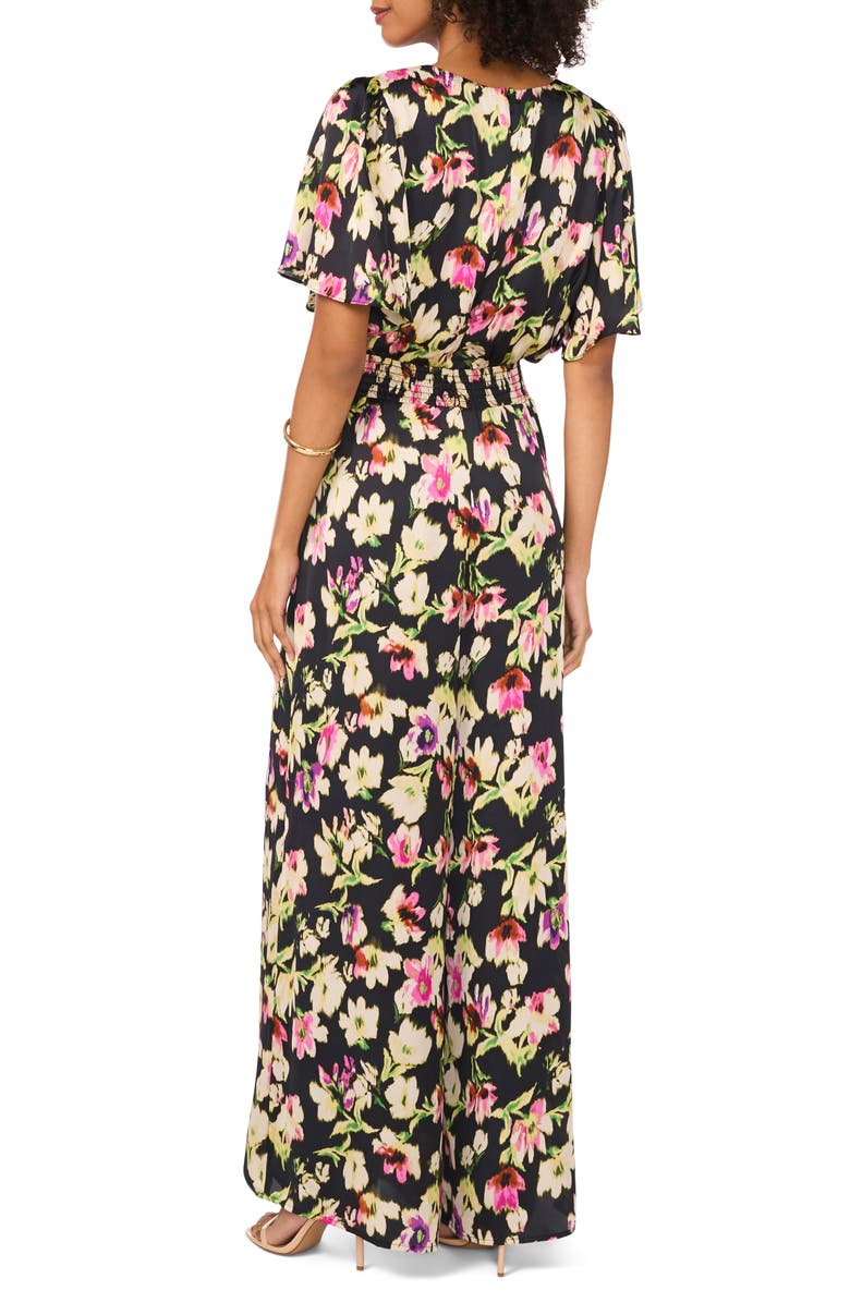 Vince Camuto Floral Flutter Sleeve Jumpsuit, Alternate, color, Rich Black