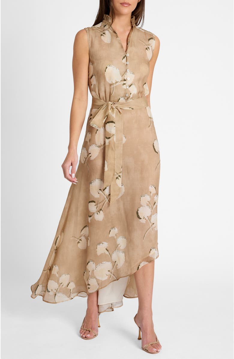 Santorelli Carson Sleeveless Hi-Lo Midi Dress in Floral Printed Voile, Alternate, color, Chai