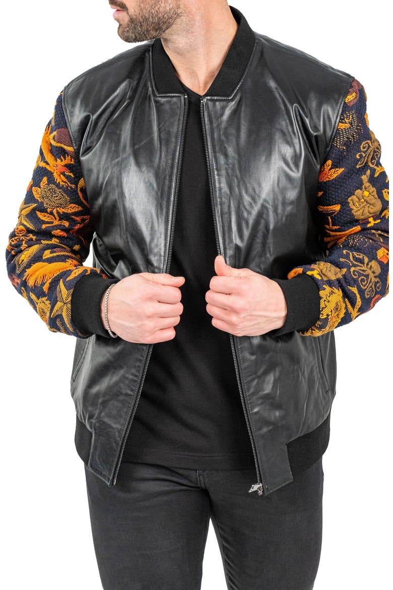 Skull Sleeve Leather Bomber Jacket, Alternate, color, BLACK