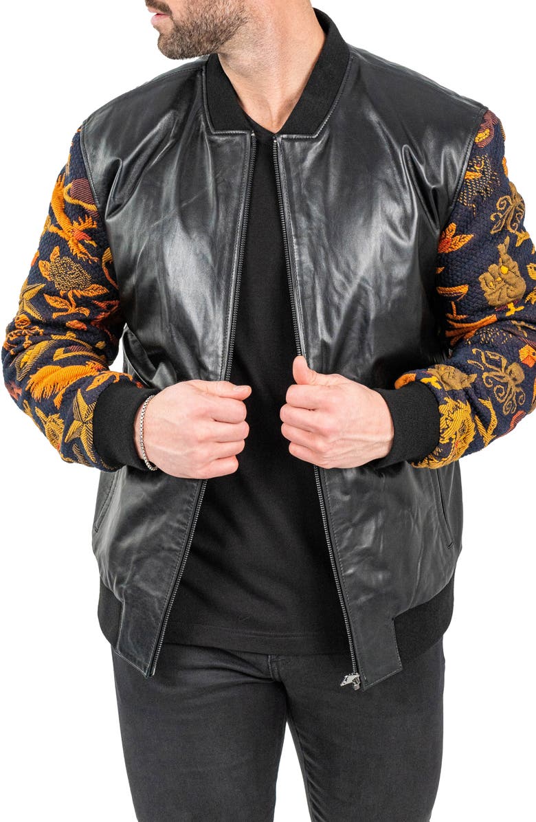 Maceoo Skull Sleeve Leather Bomber Jacket, Alternate, color, Black