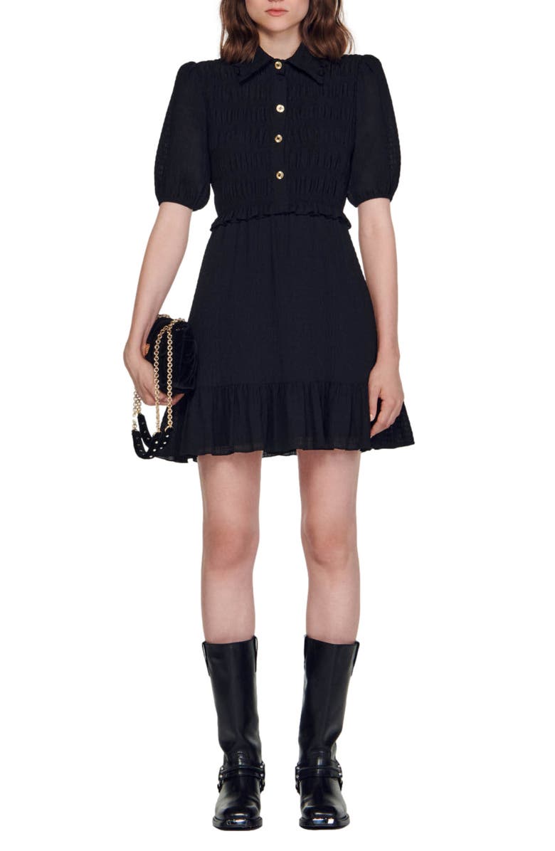 SANDRO Smocked Puff Sleeve Minidress, Alternate, color, Black
