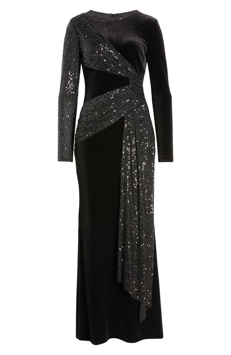 Eliza J Sequin Velvet Long Sleeve Gown, Alternate, color, 