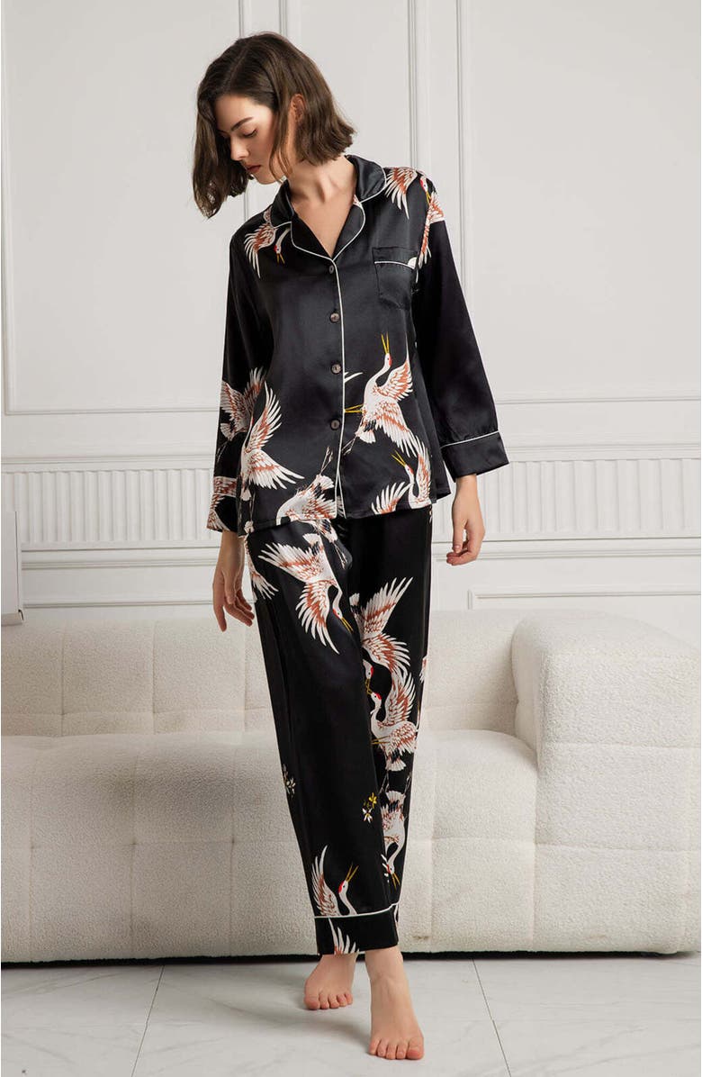 SILKSILKY 19Momme Pure Silk Printed Classic Binding Trim Womens Pajama set, Alternate, color, Black