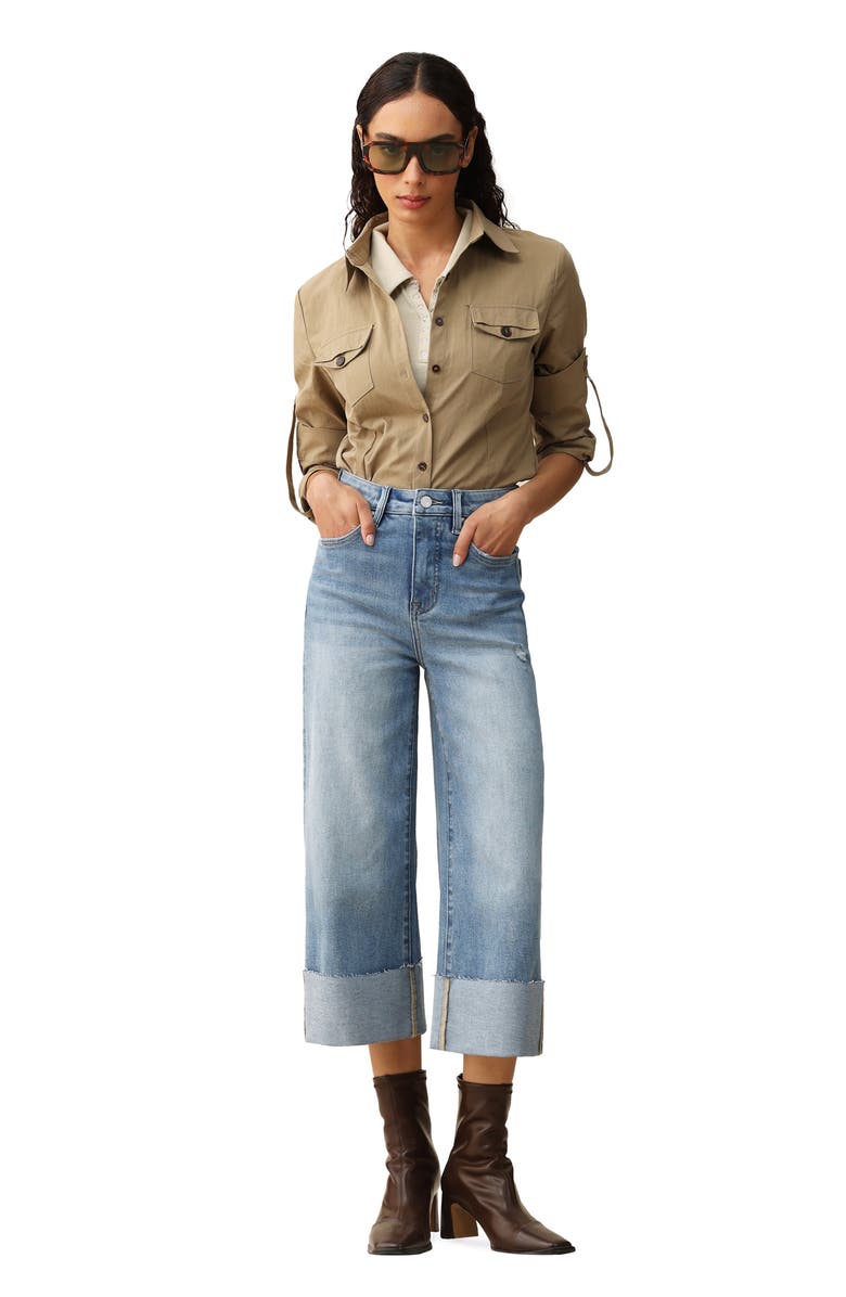 Bayeas Cuffed Raw Hem High Waist Crop High Waist Wide Leg Jeans, Alternate, color, Medium Blue