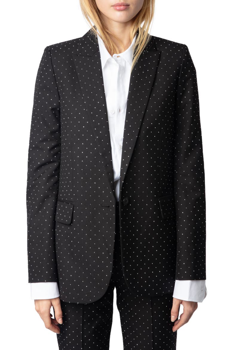 Valse Diamanté Single Breasted Crepe Blazer, Main, color, BLACK