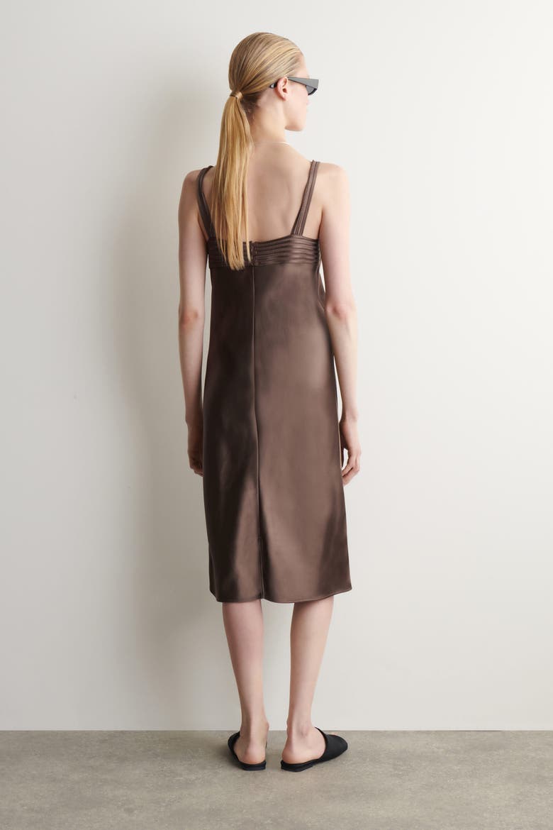 Open-stitch Satin Slip Dress, Alternate, color, BROWN