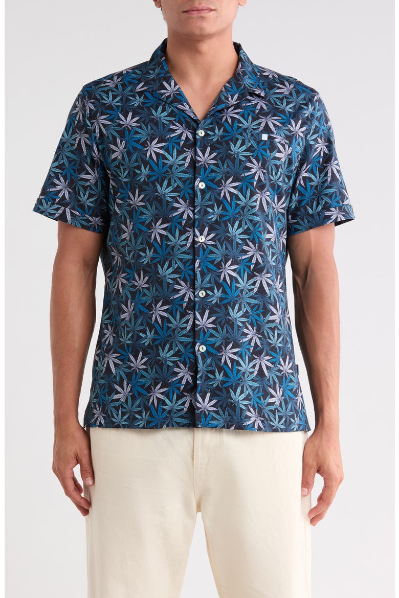 Leaf Print Resort Collar Shirt, Main, color, NAVY