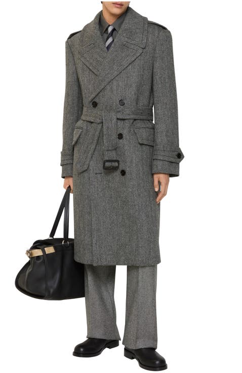 Long Herringbone Wool Trench Coat