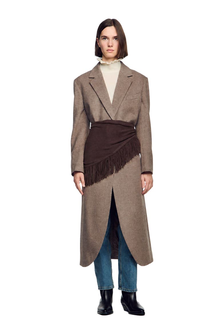 Fringed Wool Triangle Scarf, Alternate, color, Brown