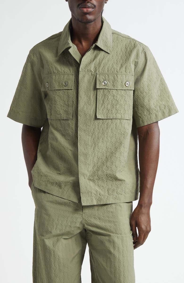 Givenchy Boxy Monogram 72 Embossed Short Sleeve Button-Up Shirt, Main, color, Almond Green