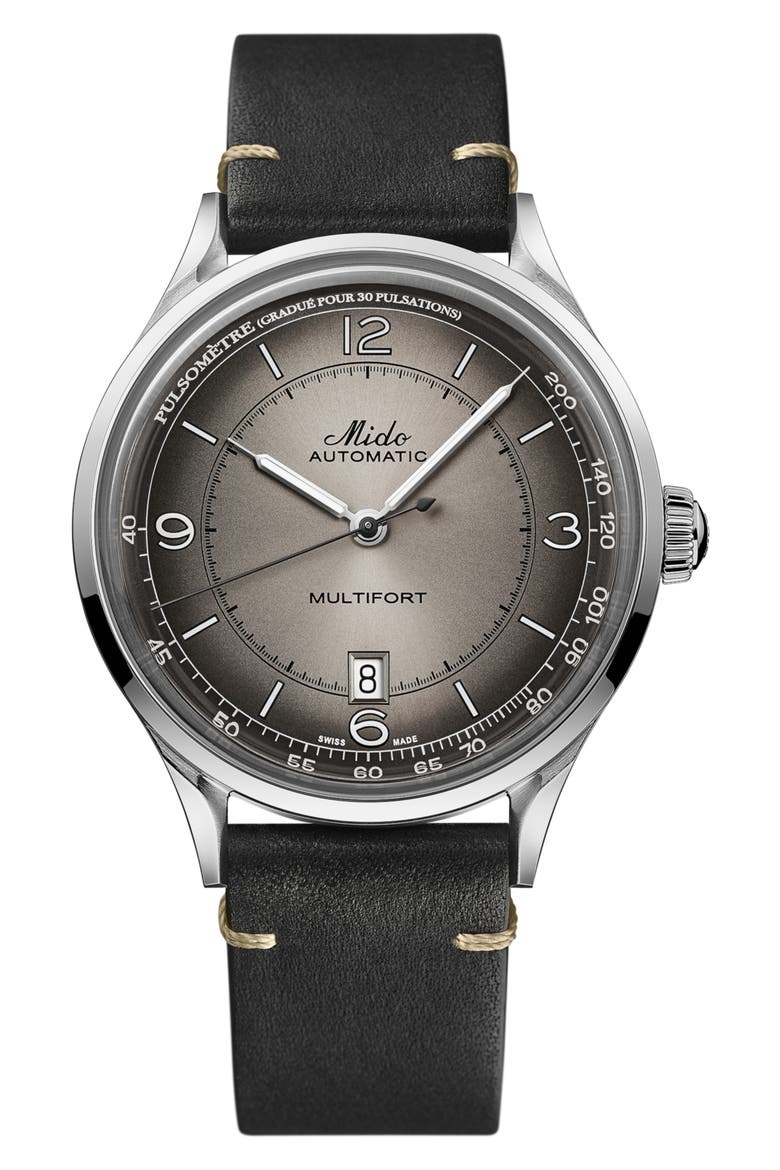 Multifort Pulsemeter Automatic Leather Strap Watch, 40mm, Main, color, ANTHRACITE
