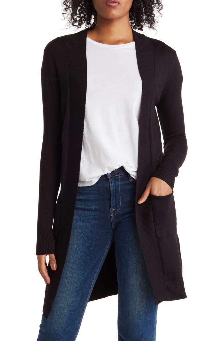 BY DESIGN Hudson Mid Thigh Lightweight Cardigan, Main, color, Black