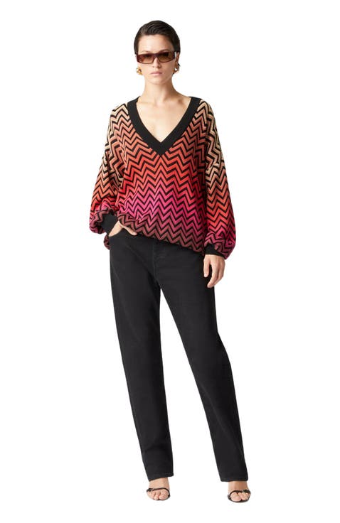 Oversized Dégradé Chevron Sweater With V-neck
