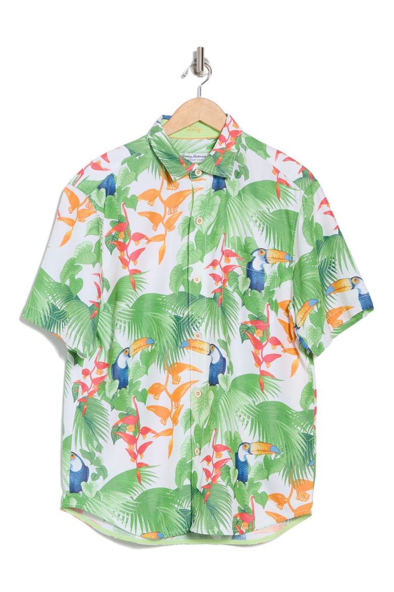 Coconut Point Toucan Chats Short Sleeve Button-Up Shirt, Alternate, color, TROPICAL PRINT