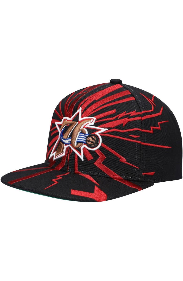 Mitchell & Ness Men's Mitchell & Ness Black Philadelphia 76ers Hardwood Classics Earthquake Snapback Hat, Main, color,