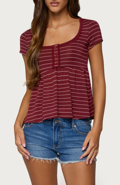Jina Stripe Trim Lace Trim Babydoll Top