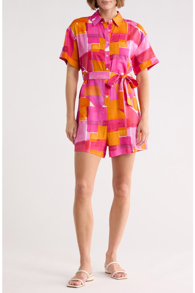 Leoline Tie Waist Linen Blend Romper, Main, color, GEO PINK