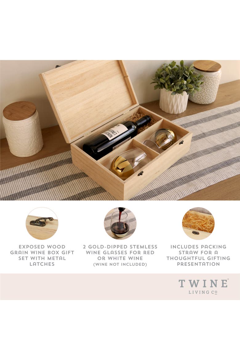 Single Bottle Wooden Wine Box with Two Stemless Wine Glass Set, Alternate, color, Wood