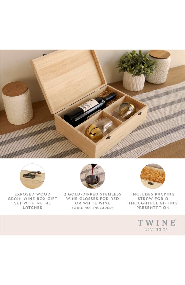 TWINE Single Bottle Wooden Wine Box with Two Stemless Wine Glass Set, Alternate, color, Wood