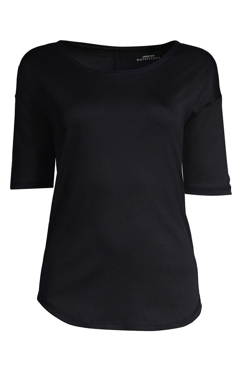 Lands' End Supima Micro Modal Elbow Sleeve Balletneck Curved Hem Top, Alternate, color, Black