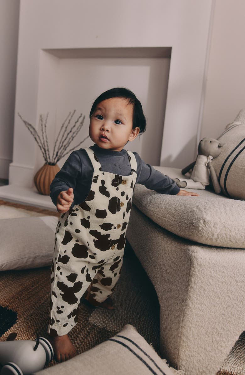 NEXT Kids' Cow Print Corduroy Overalls & Long Sleeve Bodysuit Set, Alternate, color, Grey Multi