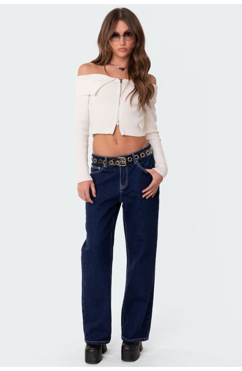EDIKTED Double Zip Fold Over Off the Shoulder Crop Sweater, Alternate, color, 