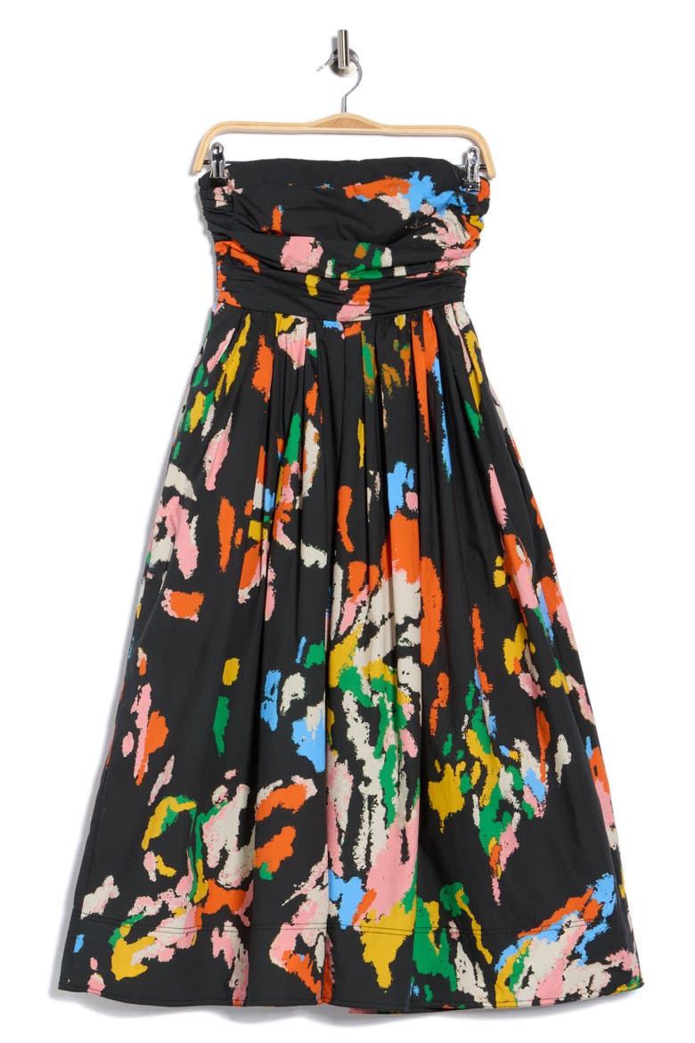 Tate Strapless Cotton Midi Dress, Alternate, color, BLACK MULTI
